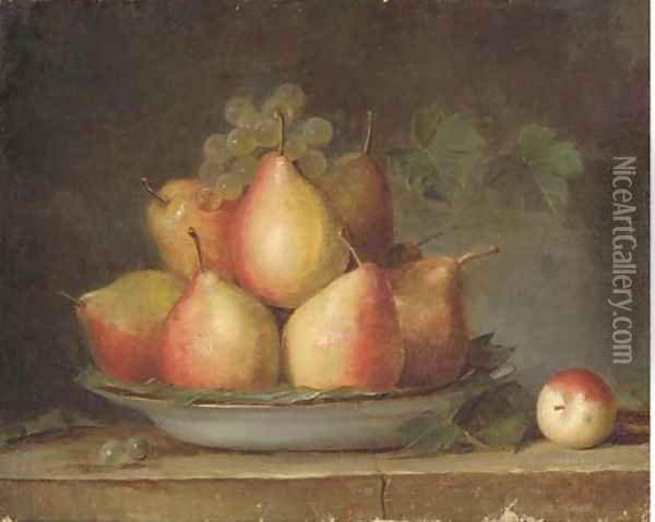 Pears and grapes on the vine in a dish on a ledge Oil Painting - French School