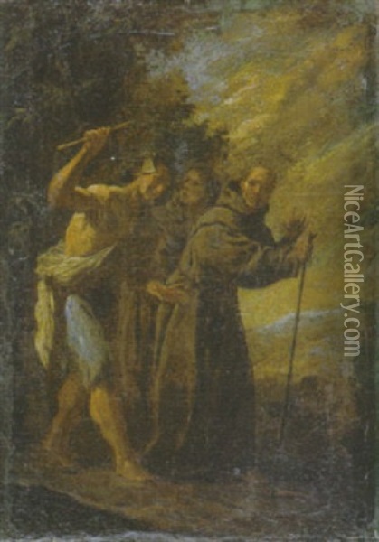 Zwei Monche Und Ein Wegelagerer Vor Landschaft Oil Painting - Alessandro Magnasco
