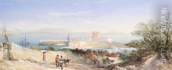 St Aubin's Bay And Castle, Jersey Oil Painting - Alfred Herbert