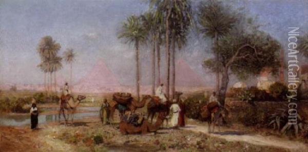 Figures With Camels By The Pyramids Oil Painting - Carl Wuttke