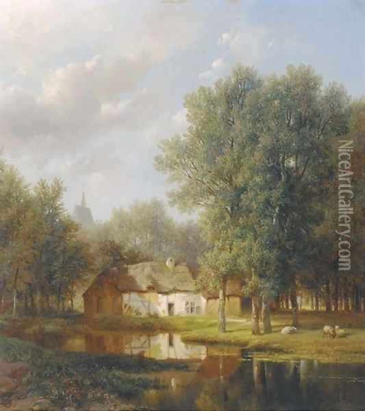 Sheep before a farmhouse in a wooded river landscape Oil Painting - Pieter Lodewijk Kuhnen