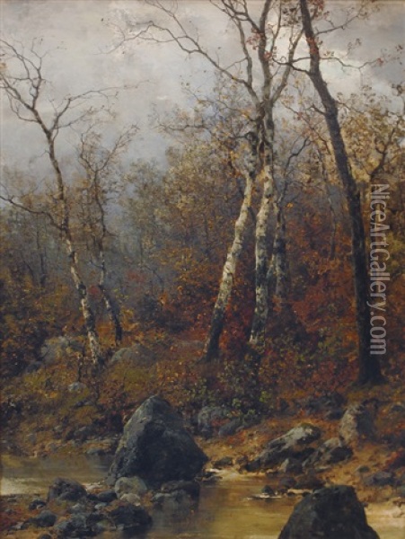 Autumnal Birch Trees On A Creek Oil Painting - Georg Oeder
