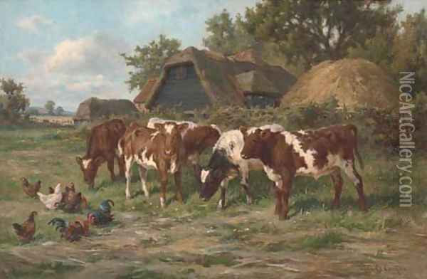 Calves and poultry by a farm Oil Painting - Claude Cardon