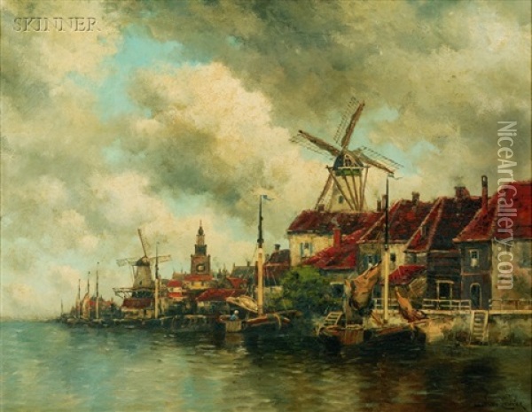 Village Harbor Oil Painting - Hermanus Koekkoek the Younger