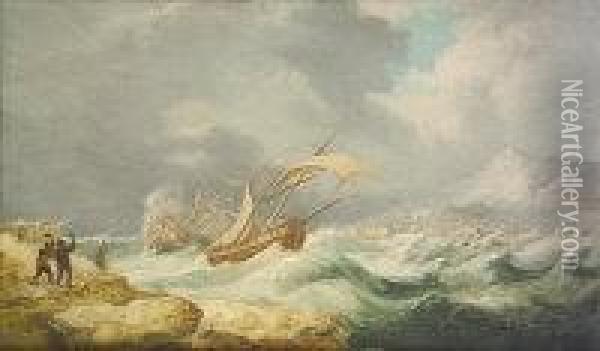 Shipping In Stormy Seas With Distant Port And Mountain Oil Painting - William II Sadler