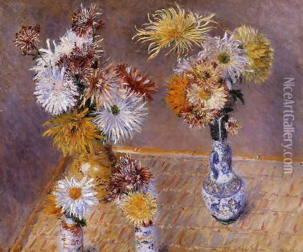Four Vases Of Chrysanthemums Oil Painting - Gustave Caillebotte