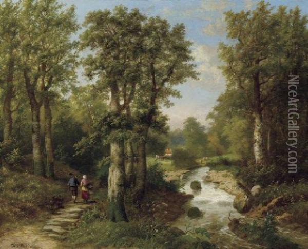 Promeneurs Dans Un Paysage Fluvial Oil Painting - Hendrik Pieter Koekkoek