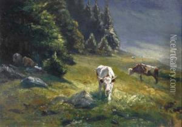 Kuhe Auf Derweide Am Rand Des Waldes Oil Painting - Anton Weinberger