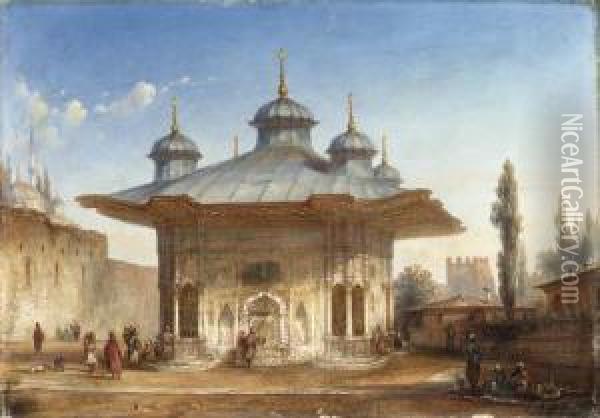 Sultan Ahmet Iii's Fountain By The Entrance To Topkapi Sarayi, Constantinople Oil Painting - Etienne Raffort
