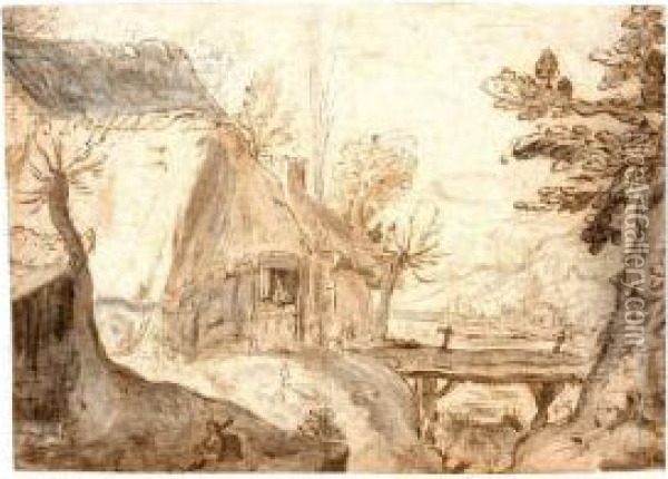 A Rugged River Landscape, With A Thatched House By A Bridge Oil Painting - Gillis van Coninxloo