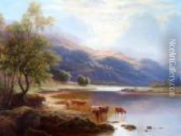 Cattle Watering In A Highland Loch Oil Painting - William Mellor