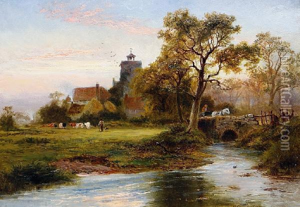 Village By A Stream Oil Painting - Robert Gallon