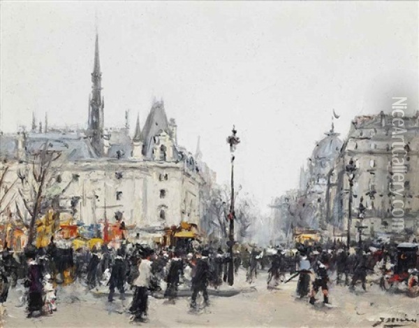 Figures Bustling Before The Conciergerie, Paris Oil Painting - Joaquin Miro