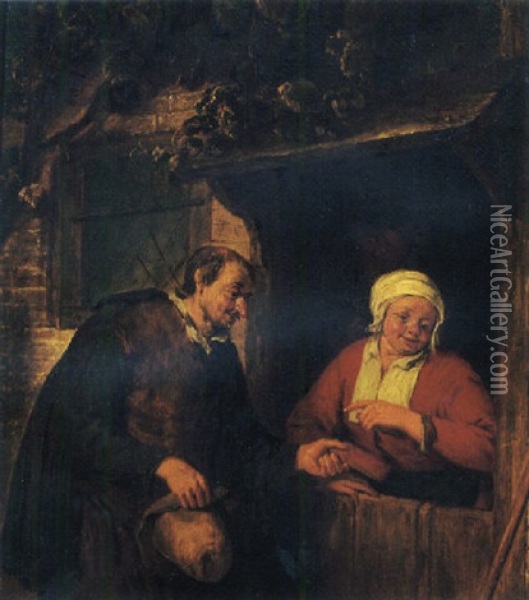 A Traveller Conversing With A Woman At A Cottage Door Oil Painting - Adriaen Jansz van Ostade
