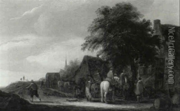 Horsemen Stopping Outside An Inn; A Landscape Beyond Oil Painting - Isaac Van Ostade