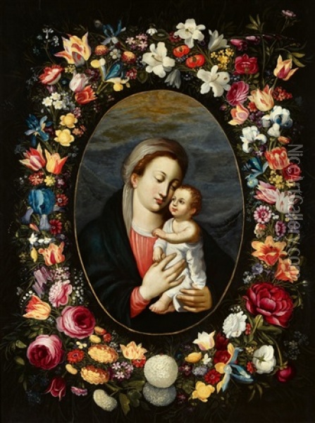 The Virgin And Child In A Floral Wreath Oil Painting - Jan Van Balen