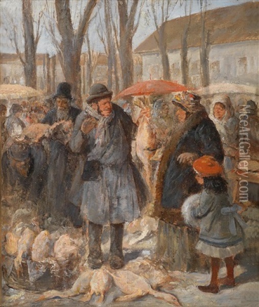 Hustle And Bustle At The Poultry Market Oil Painting - Ernst Juch