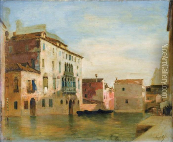 Vue D'un Canal A Venise [ ; View
 Of A Canal In Venice ; Oil On Panel Signed Lower Right Eug.fr] Oil Painting - Eugene Fromentin