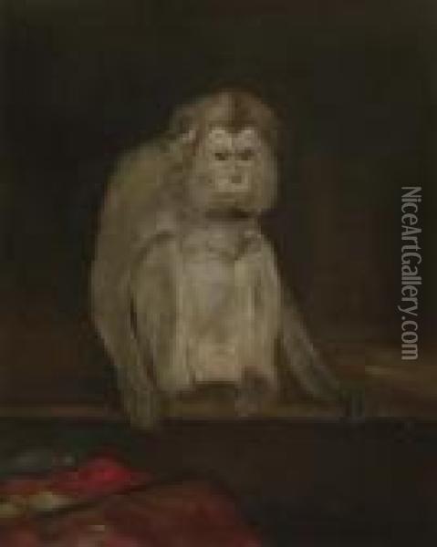 Seated Monkey. Oil Painting - Gabriel Cornelius Von Max