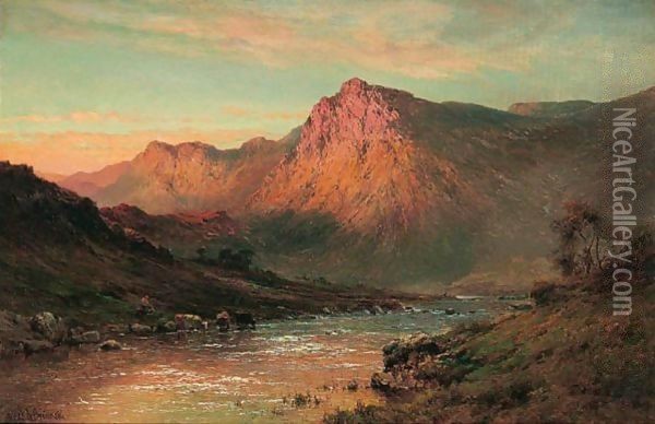 Sunset In The Highlands Oil Painting - Alfred de Breanski