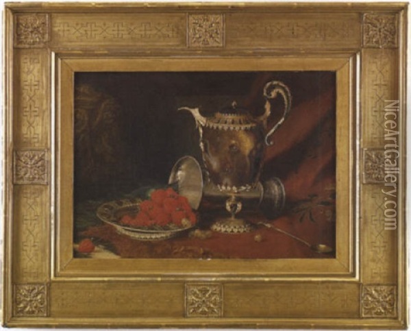 Still Life With Central Ewer, Plate Of Red Raspberries And Grapes, Beside A Silver Spoon And Overturned Tankard Oil Painting - Blaise Alexandre Desgoffe