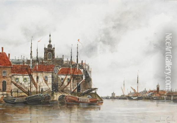A Dutch Harbour Oil Painting - Hermanus Jr. Koekkoek