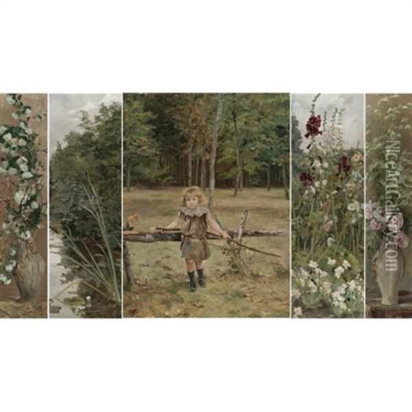 Child, Fields And Flowers: Five Decorative Panels Oil Painting - Jean Delvin