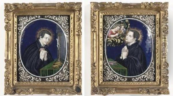 A Pair Of Limoges-enamel Plaques Depicting Saint Aloysius Gonzaga And Stanislaus Kostka Oil Painting - Nicolas I Laudin