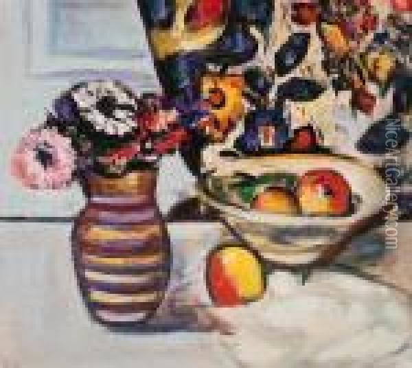 Anemones In A Striped Vase With Apples In A Bowl Oil Painting - George Leslie Hunter