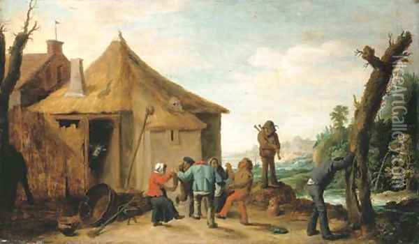 Peasants merrymaking by a cottage, a river beyond Oil Painting - David III Teniers