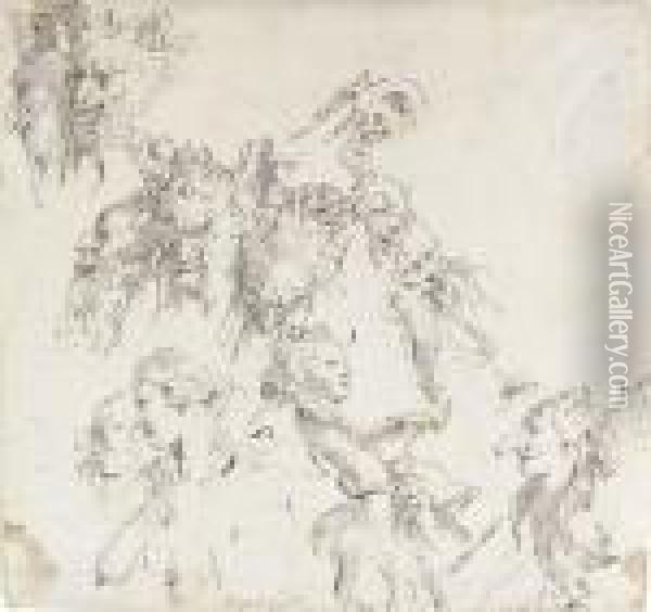 The Heads Of Satyrs, Women And Other Studies Oil Painting - Giovanni Battista Tiepolo