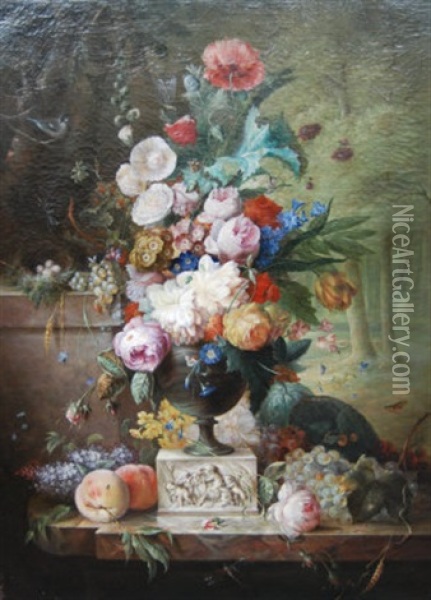 Still Life Of A Bouquet Of Flowers In An Urn On A Ledge With Woodland Beyond Oil Painting - Jean-Baptiste Monnoyer
