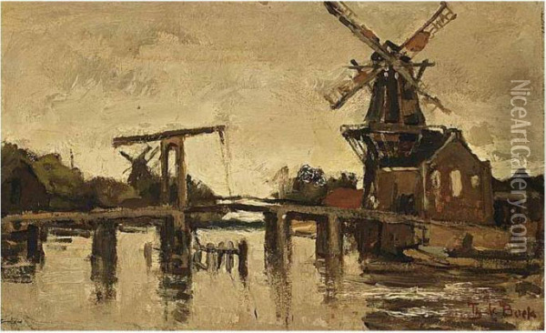 Draw Bridge With Windmill De Adriaan, Haarlem Oil Painting - Theophile Emile Achille De Bock