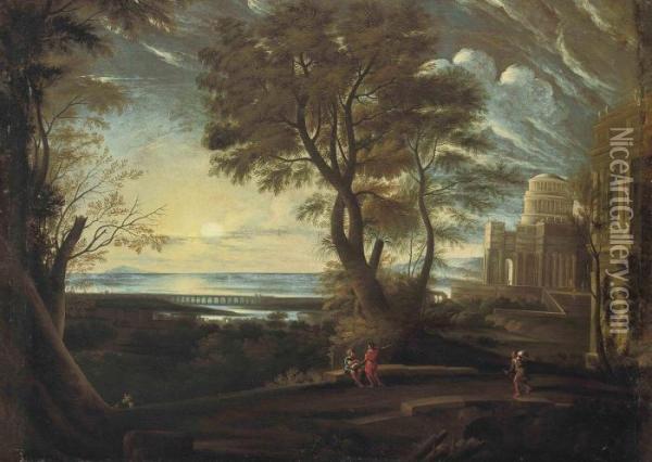 A Classical Landscape With Figures Resting On A Bridge Oil Painting - Claude Lorrain (Gellee)
