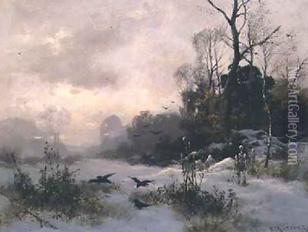 Crows in a Winter Landscape Oil Painting - Karl Kustner