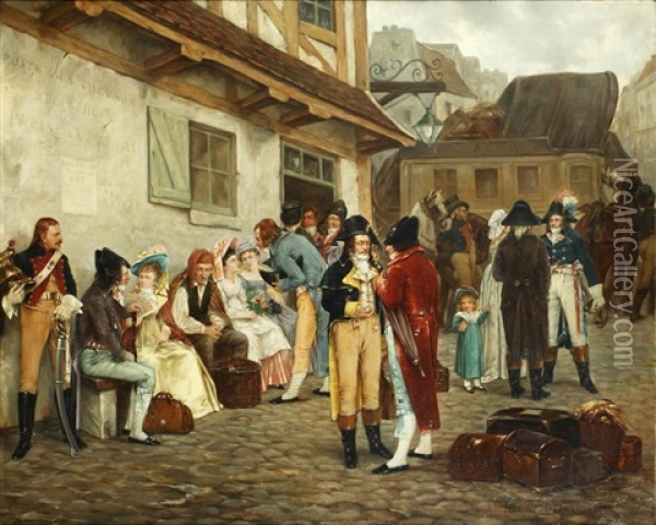 Travellers Outside An Inn Oil Painting - Charles Louis Kratke