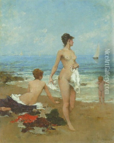On The Beach Oil Painting - Francisco Miralles y Galup