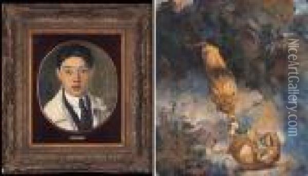 Artist's Self-portrait-cavorting Lions Oil Painting - Xu Beihong