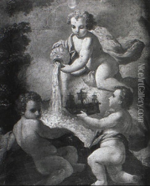 Putti With The Elements Of Water Oil Painting - Francesco de Mura