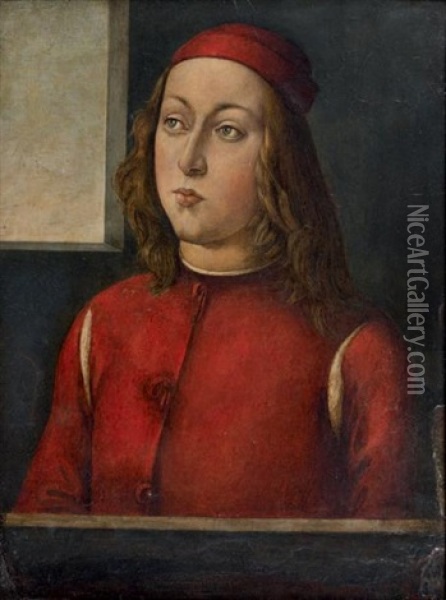 Portrait De Jeune Homme En Habit Renaissance Dans L'embrasure D'une Fenetre Oil Painting - Pietro Perugino