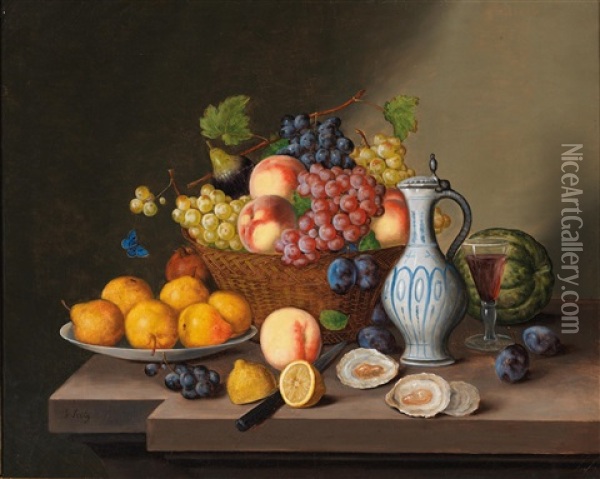 Large Still Life With Fruit, Pottery Jug, Oysters And Melons Oil Painting - Georg Seitz