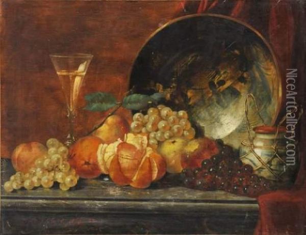 Nature Morte Aux Raisins, Oranges Et Ceramiques Japonaises Oil Painting - Karl Beyer