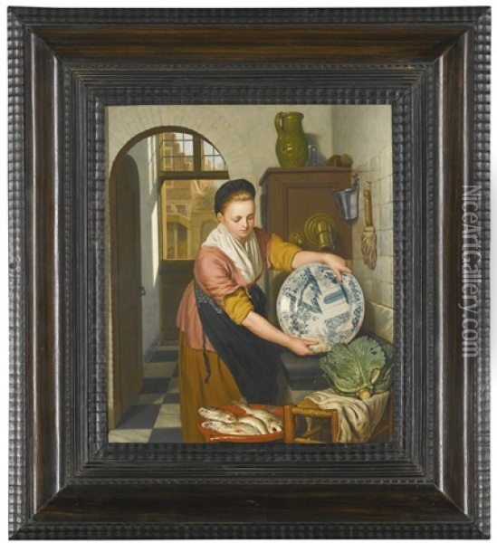 A Girl Washing A Porcelain Dish In A Kitchen Oil Painting - Pieter Christoffel Wonder
