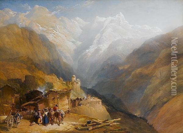 An Alpine Village The Foreground On A Separate Sheet, Attached To The Background Oil Painting - Thomas Miles Richardson