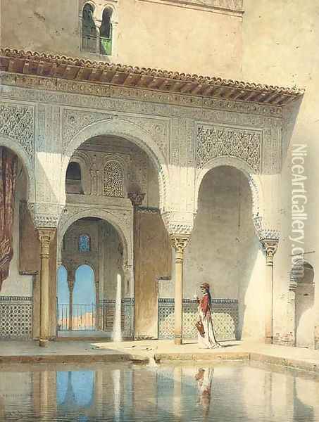 A courtyard in the Alhambra Palace, Granada Oil Painting - Adolf Seel