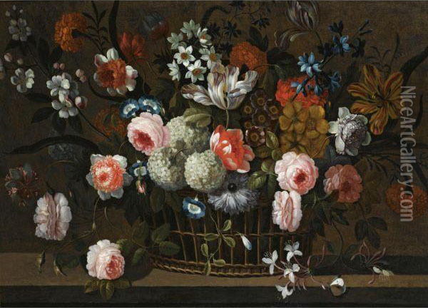 Still Life Of Roses, Daffodils, Morning Glory, Hydrangea, Snowballs, And Other Flowers In A Basket On A Stone Ledge Oil Painting - Simon Hardime