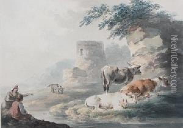 Travellers And Cattle Resting By Ruins Oil Painting - Peter La Cave
