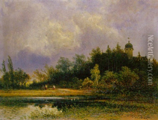 Landschaft Mit Altem Schloss Am See Oil Painting - Pieter Francis Peters