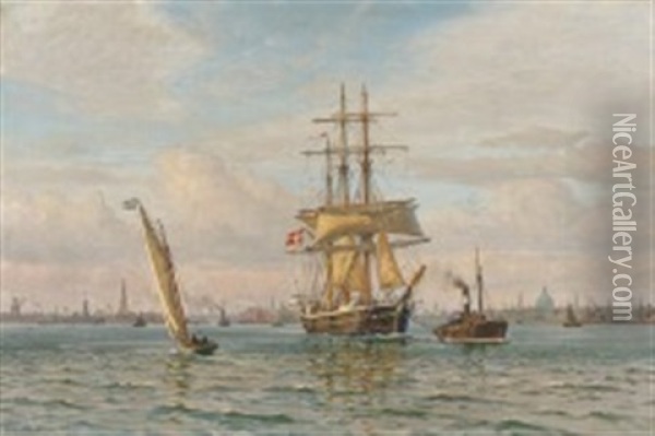 A Sailing Ship Being Towed Out Of Copenhagen Harbour Oil Painting - Vilhelm Karl Ferdinand Arnesen
