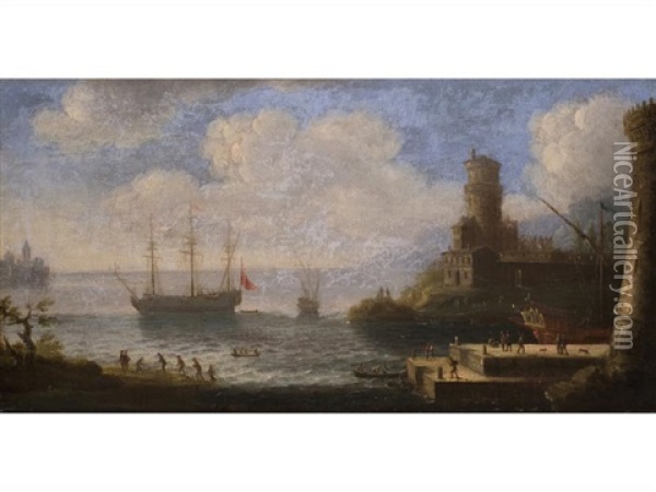 Grosssegler Vor Hafen Und Burg Oil Painting - Charles-Leopold Grevenbroeck